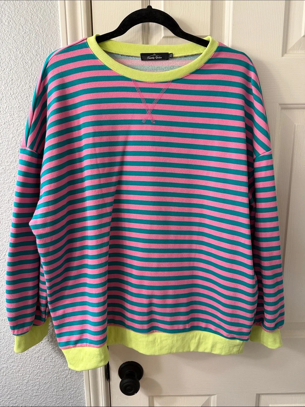 Women's Striped Crewneck Sweater in Pink & Teal with Neon Trim